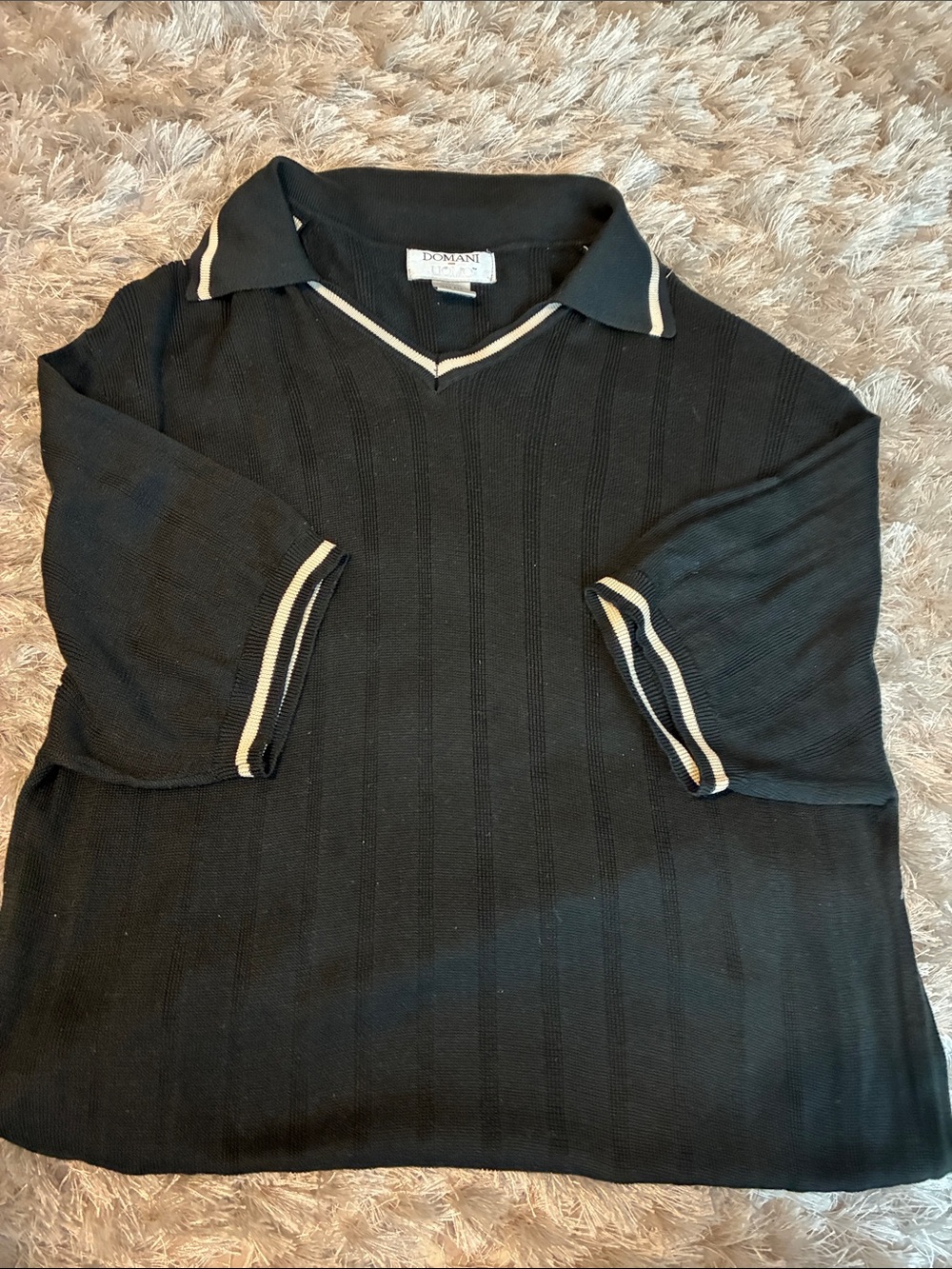 Domani silk Black Knit Polo Sweater with Ivory Trim